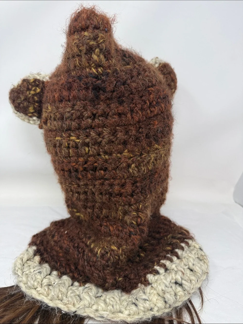 Handmade Crochet Bear Ear Hood Cowl Brown Cream Chunky Knit Balaclava Whimsical